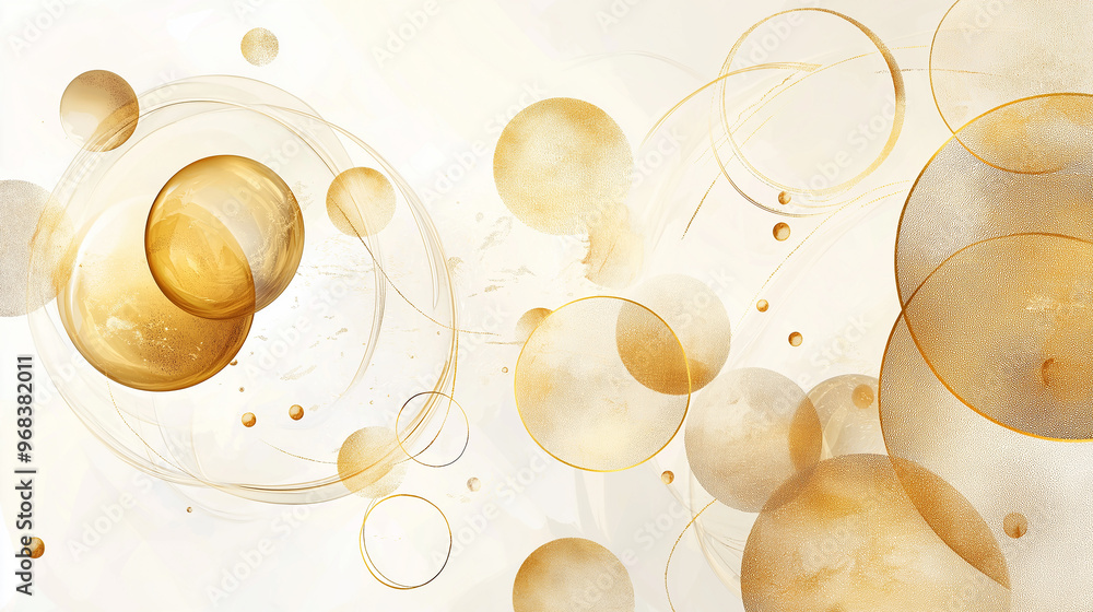 Poster abstract golden spheres floating in white space background