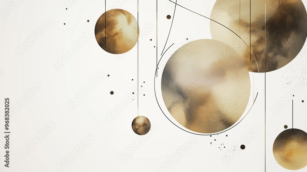 Poster abstract design with golden circles hanging and intersecting lines on white background