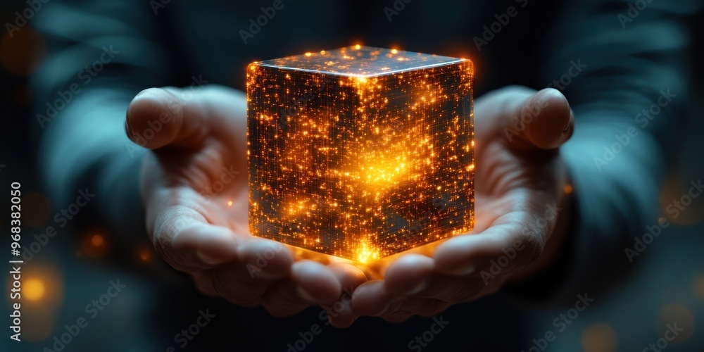 Wall mural glowing cube in hands