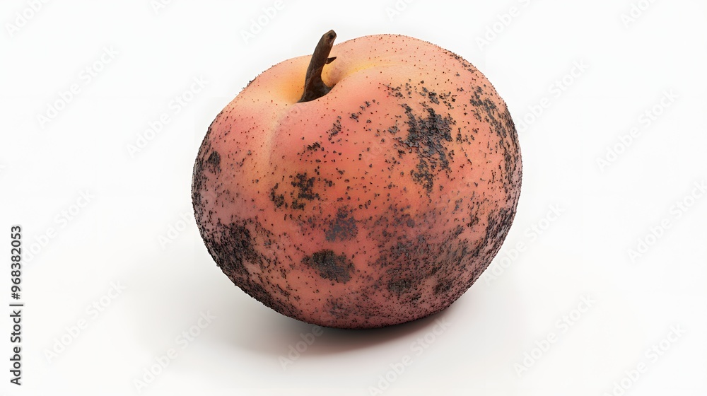 Poster 15. **a 3d render of a rotting peach, showing brown spots and soft, mushy texture, isolated on a pri