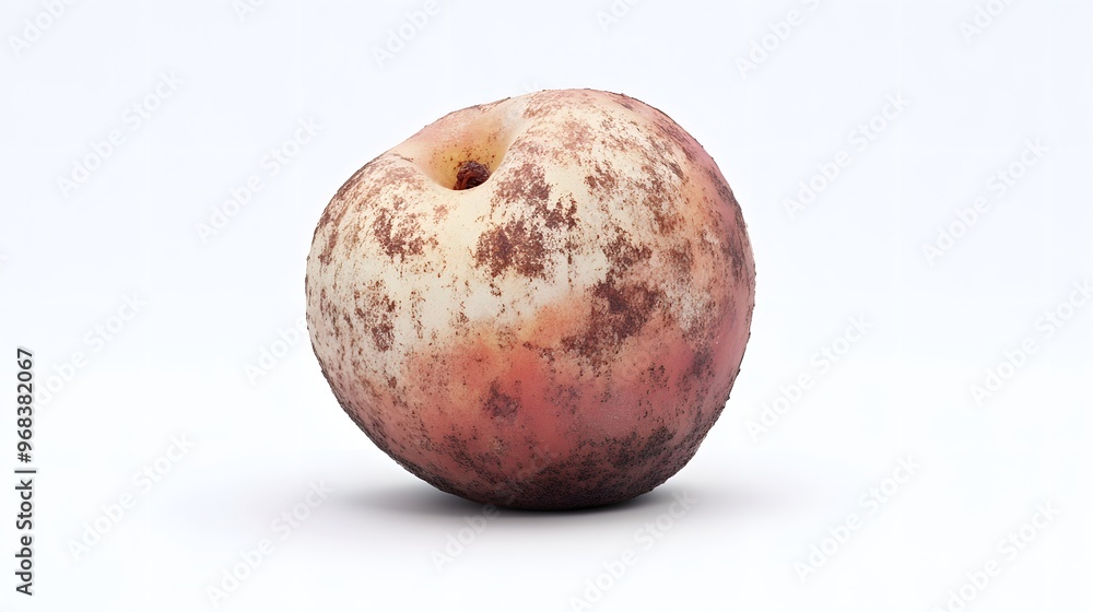 Poster 15. **a 3d render of a rotting peach, showing brown spots and soft, mushy texture, isolated on a pri