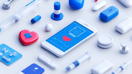 A smartphone with a heart rate monitor app, a red heart, syringes, pills, and other medical equipment on a white background.