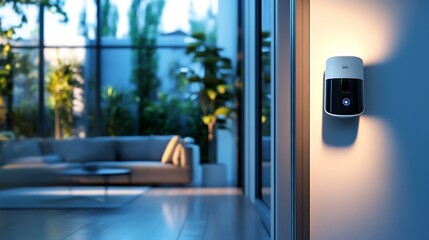 A smart home security camera is mounted on the wall in a modern living room.