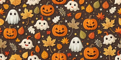 Whimsical pumpkins float amidst a midnight sky, surrounded by wispy ghosts and spiders' silhouettes, as vibrant fall