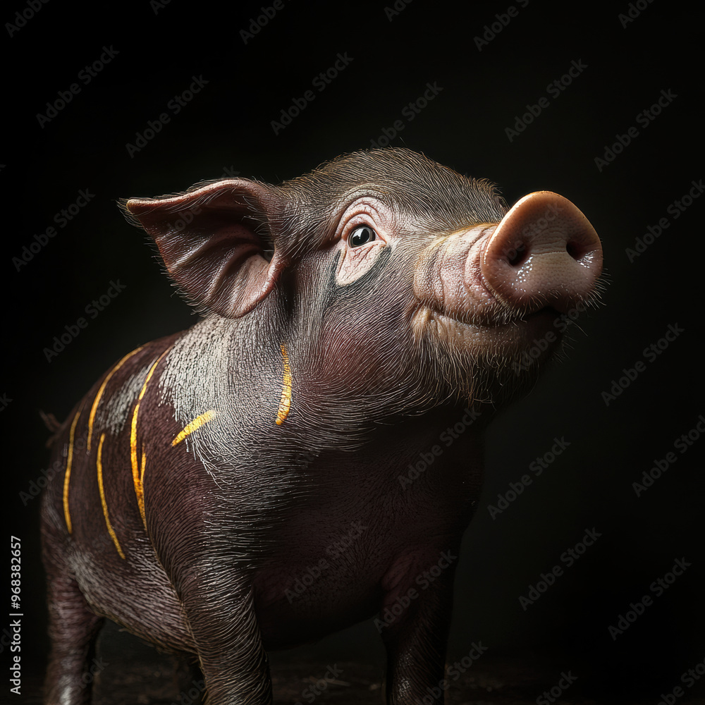 Poster a charming pig with distinctive markings stands against dark background, exuding playful and curious