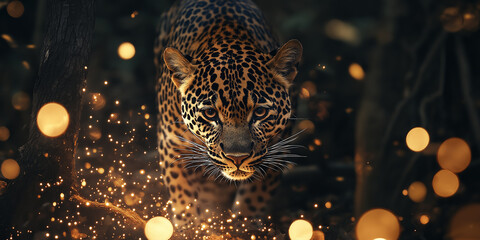Leopard walking in jungle with sparkles surrounding it