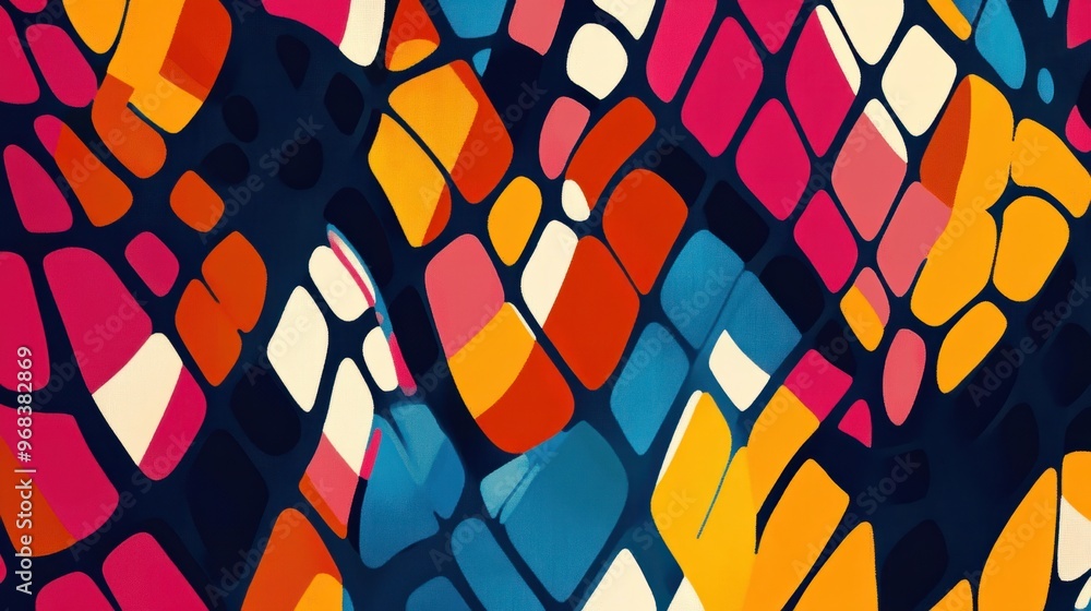 Poster abstract grid pattern with irregular shapes and random color placement, creating a dynamic backgroun
