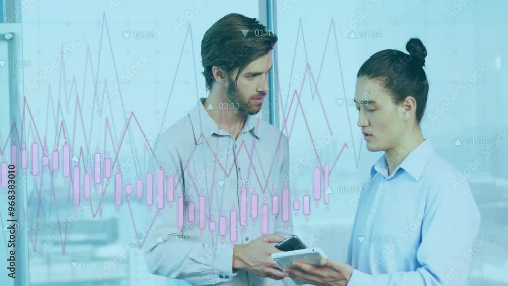 Poster animation of data processing and diagrams over caucasian colleagues talking in office