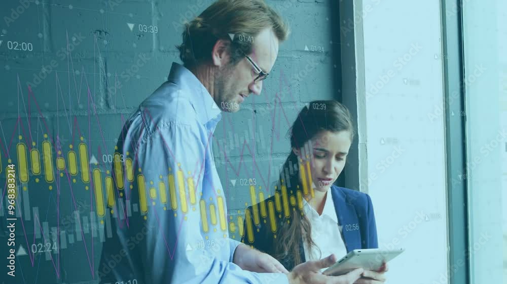 Poster animation of data processing and diagrams over caucasian colleagues talking in office
