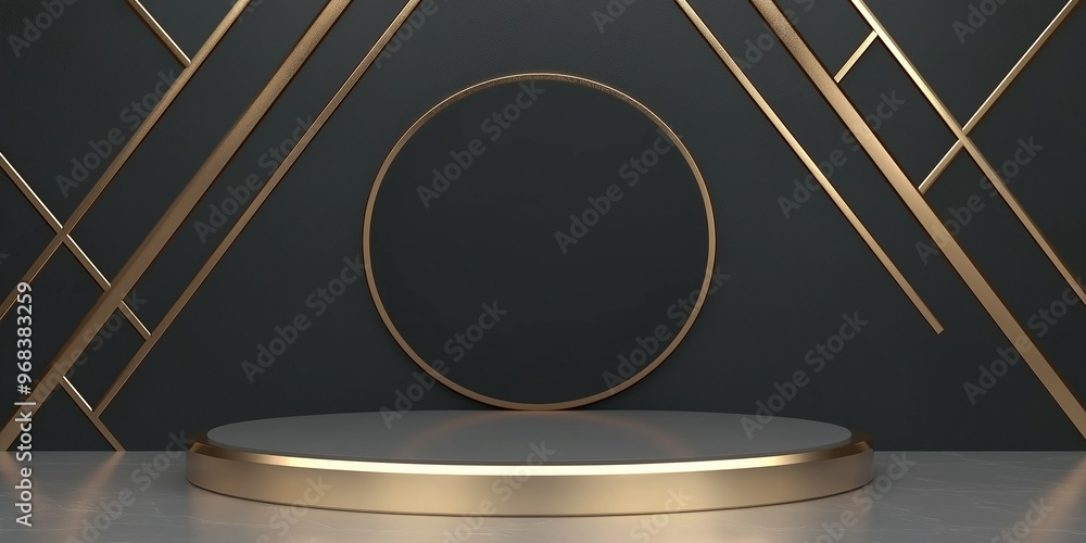 Aufkleber round golden podium standing on dark background with golden lines pattern