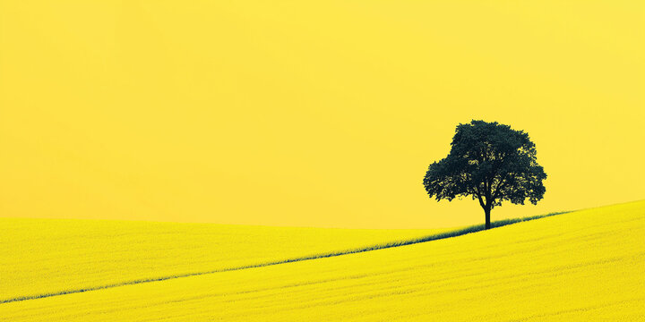 Lone tree standing in a rolling field of yellow flowers - Powered by Adobe