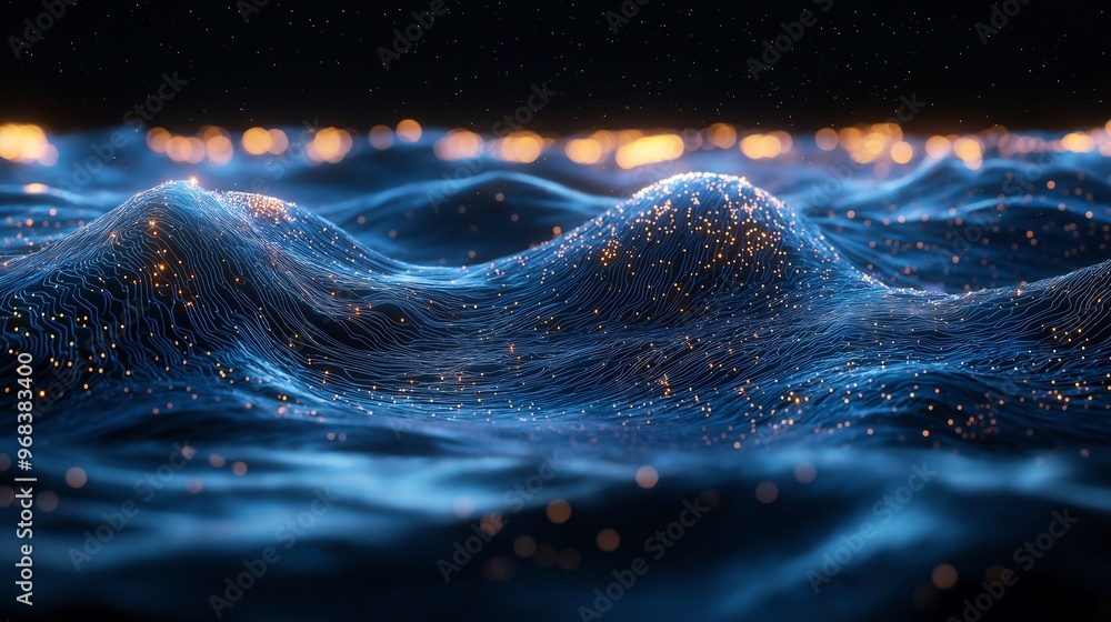 Wall mural Abstract Blue Wavy Landscape with Golden Lights