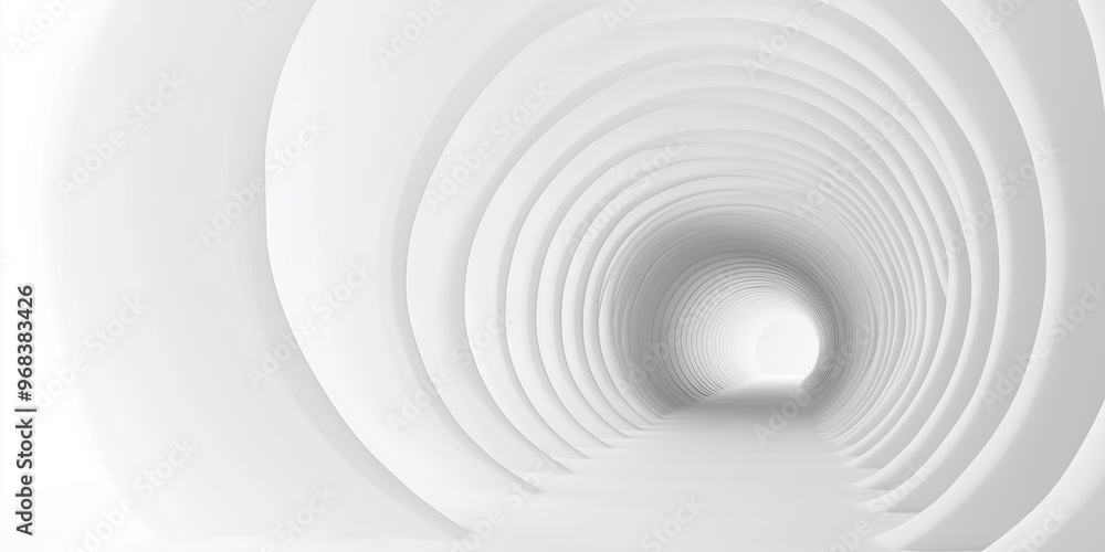 Poster white tunnel going through abstract round shapes structure leading to the light