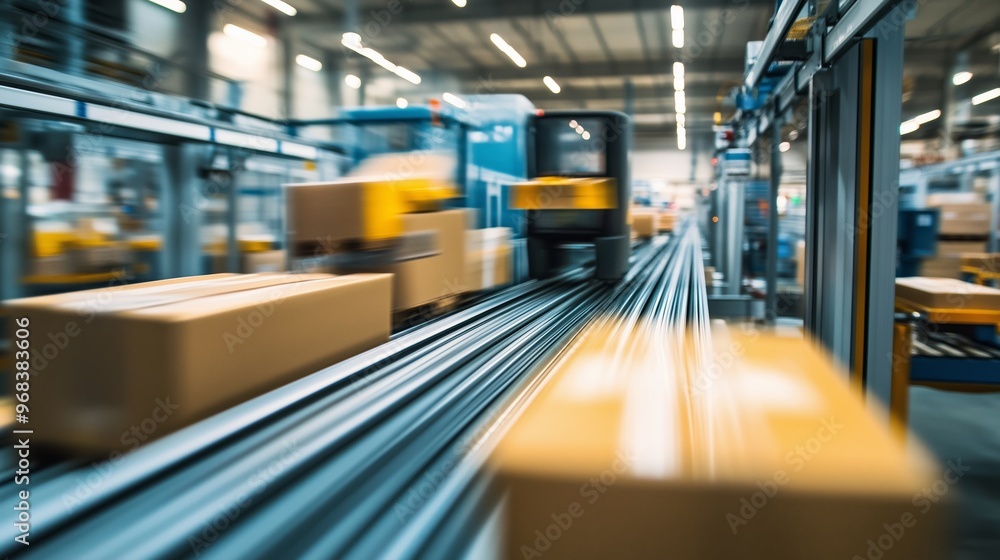 Poster busy automated conveyor system sorting packages in a modern warehouse during day hours