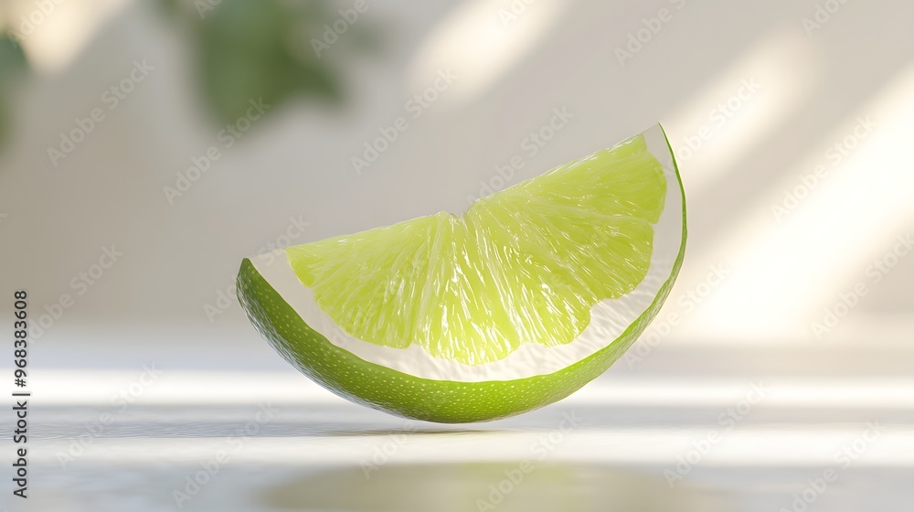 Poster 45. **a 3d render of a falling slice of lime, its green flesh and segmented texture contrasted with 