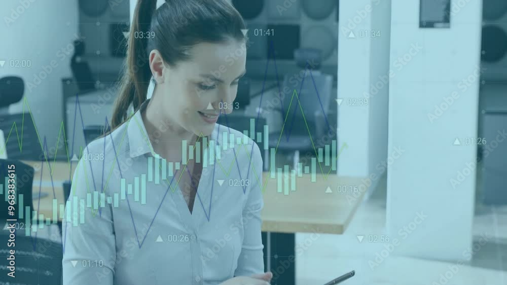 Aufkleber animation of data processing and diagrams over caucasian woman using tablet in office