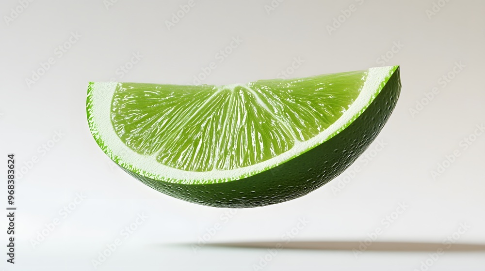 Poster 45. **a 3d render of a falling slice of lime, its green flesh and segmented texture contrasted with 