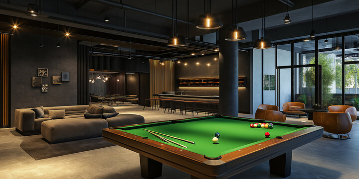 Modern billiard room interior with green pool table