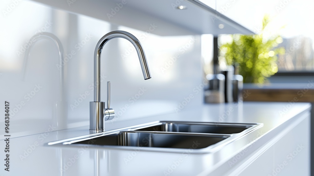 Wall mural a stainless steel sink with a chrome faucet sits on a white countertop