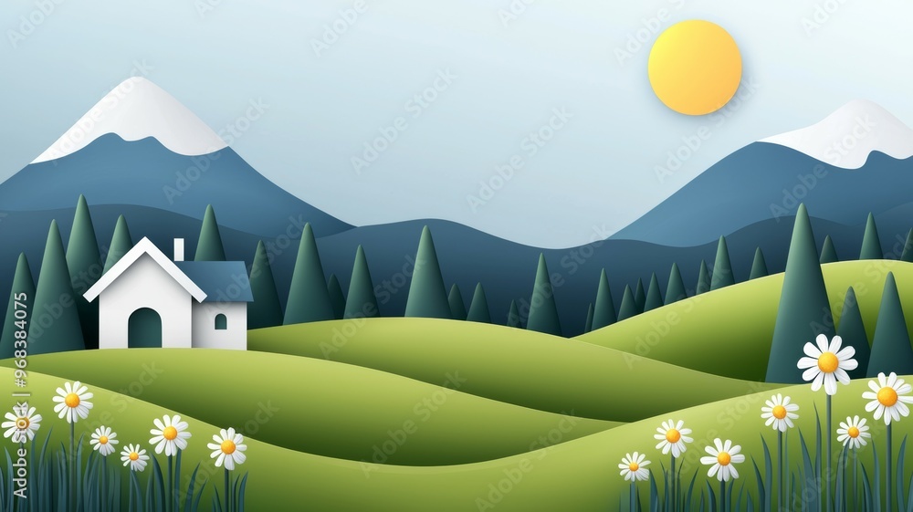 Poster a house is in the middle of a field with mountains in the background