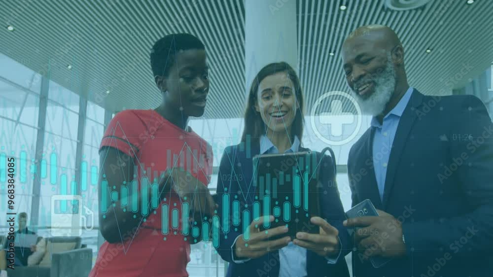Poster animation of data processing and diagrams over diverse colleagues using tablet in office