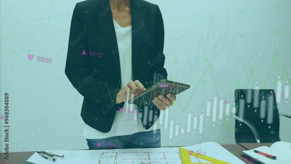 Poster animation of data processing and diagrams over biracial woman using tablet in office