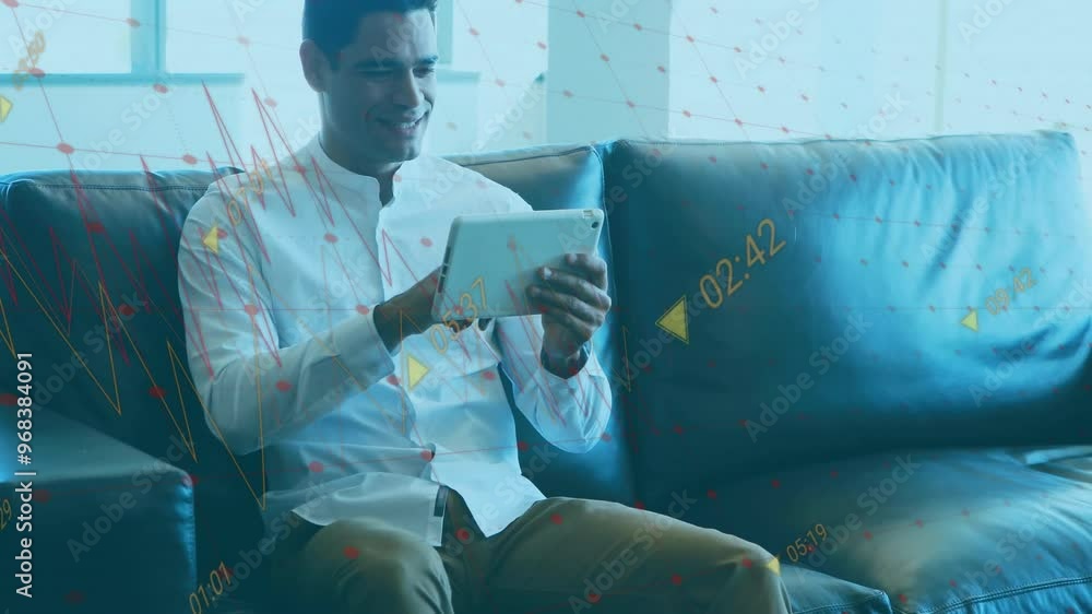 Poster animation of data processing and diagrams over biracial man using tablet in office