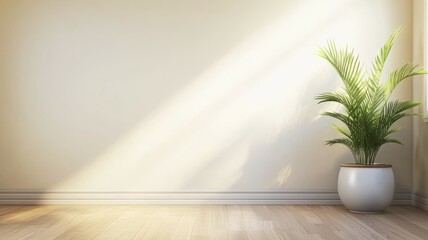 A white wall with a potted plant in the corner