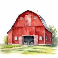 Obraz premium Detailed Watercolor Illustration of a Classic Red Barn in a Lush Green Countryside