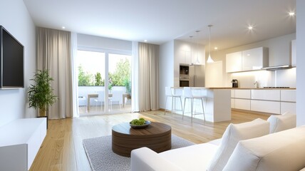 Fototapeta premium A white living room with a large window and a potted plant