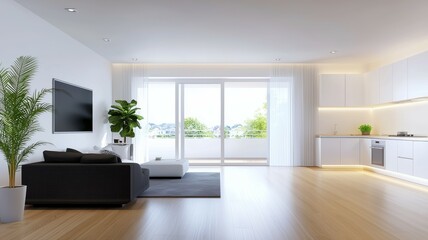 Fototapeta premium A large open living room with a white kitchen and a black couch