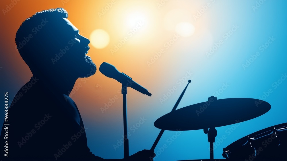 Poster a man singing into a microphone with a drum set in the background