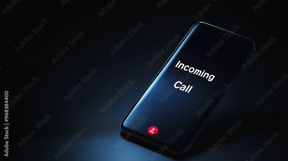 Poster modern smartphone showing incoming call screen displaying on dark background