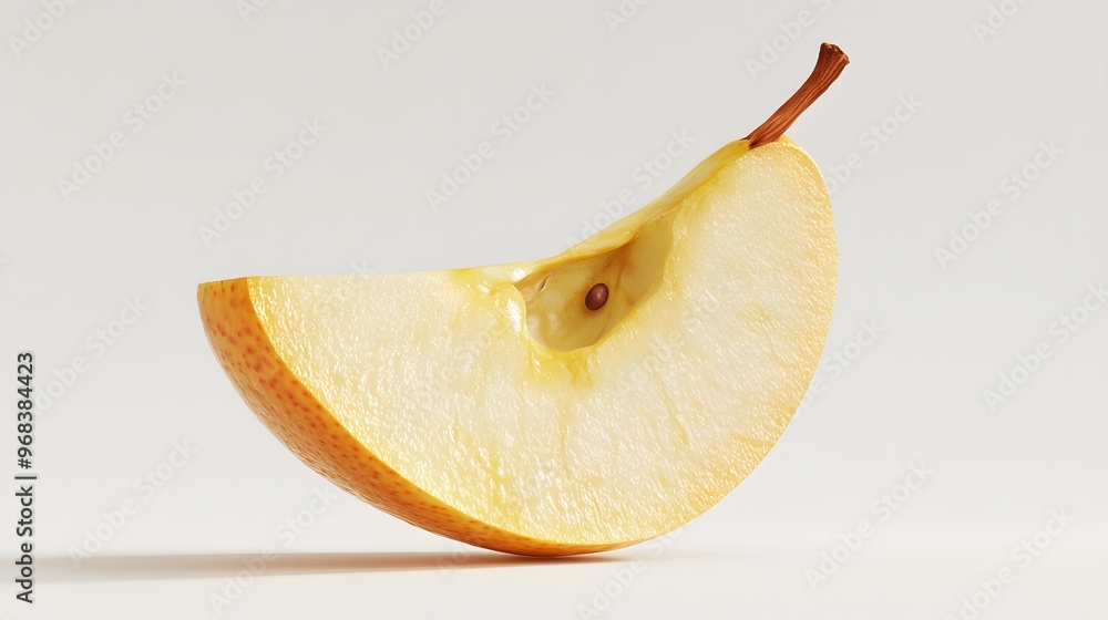 Poster 48. **a 3d render of a falling slice of apple pear, its crisp texture and yellow skin set against a 