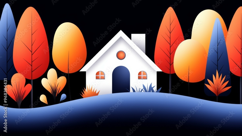 Aufkleber a house is shown in a forest setting with trees of different colors