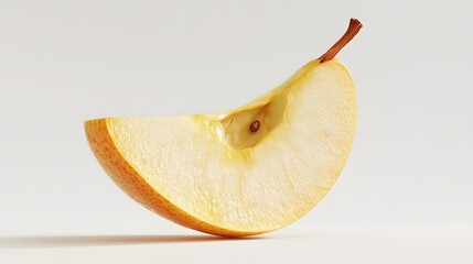 48. **A 3D render of a falling slice of apple pear, its crisp texture and yellow skin set against a clean white backdrop