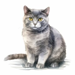 Obraz premium Watercolor Illustration of a Gray Cat with Yellow Eyes on White Background