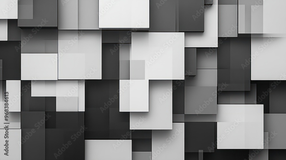 Poster abstract pattern of overlapping squares in various shades of gray and black.