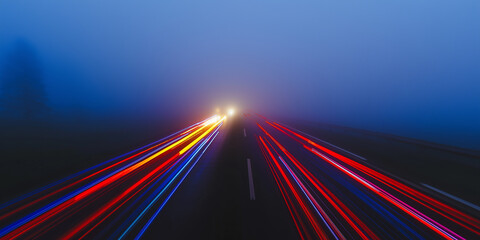 Highway traffic light trails speeding through foggy night