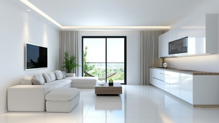 Fototapeta premium A white living room with a white couch, a coffee table, and a potted plant