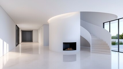 A large, white room with a fireplace and a spiral staircase
