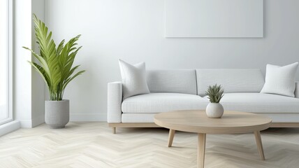 A living room with a white couch and a coffee table