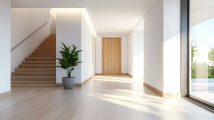 A large, empty room with a staircase and a potted plant