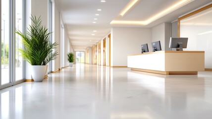 Fototapeta premium A large, empty room with a white wall and a long, narrow hallway