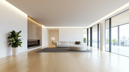 A large, empty living room with a fireplace, a couch, and a potted plant