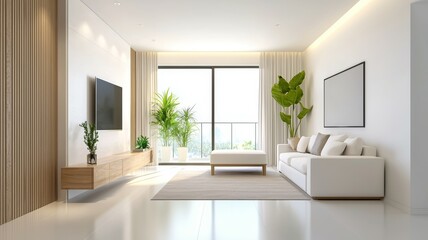 Fototapeta premium A large living room with a white couch, a white coffee table