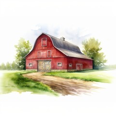 Obraz premium Picturesque Red Barn Illustration with Greenery and Blue Sky - Rural Landscape Art for Agricultural Themes