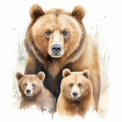 Mother Bear with Two Cubs Watercolor Illustration - Wildlife Family Art Print, Rustic Decor, Nature Art