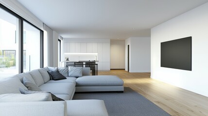 Fototapeta premium A large white living room with a black flat screen TV mounted on the wall
