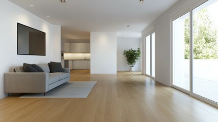 A large, empty living room with a couch, a television, and a potted plant